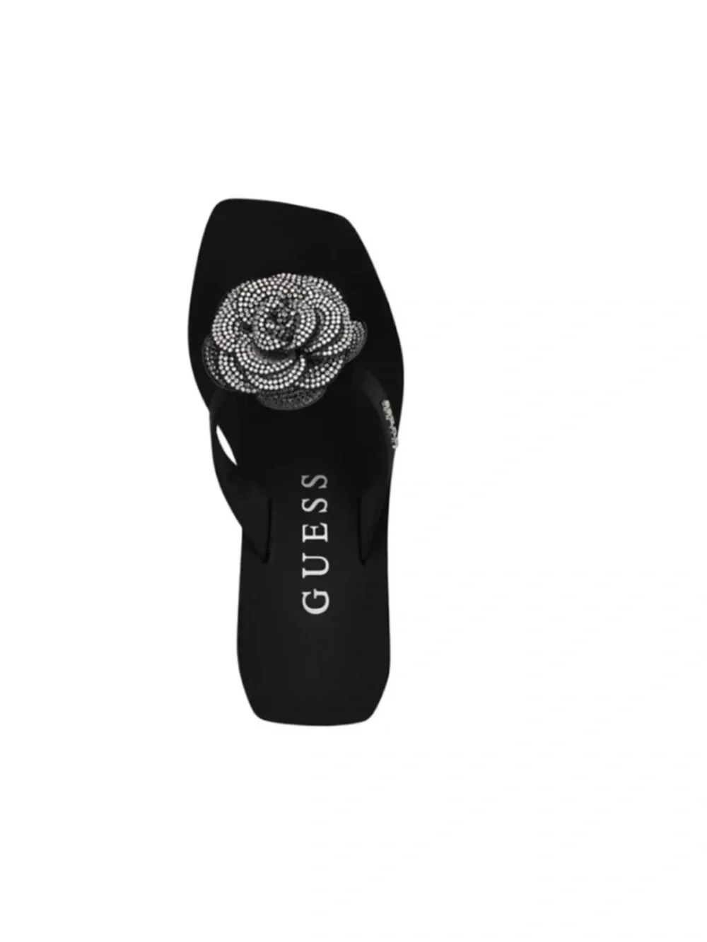 GUESS Black Wedge Sandal with Crystal Flower Accent